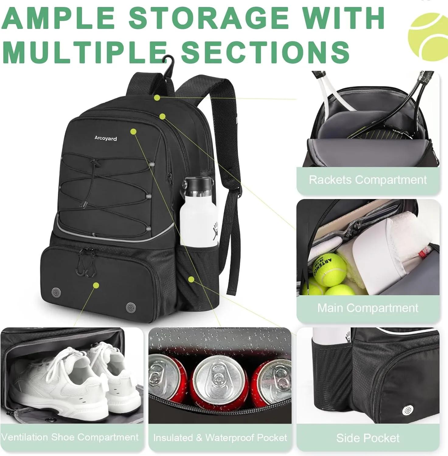 Tennis Bag Holds 2 Rackets, Professional Tennis Bags for Women, Tennis Backpack with Ventilated Shoe Compartment