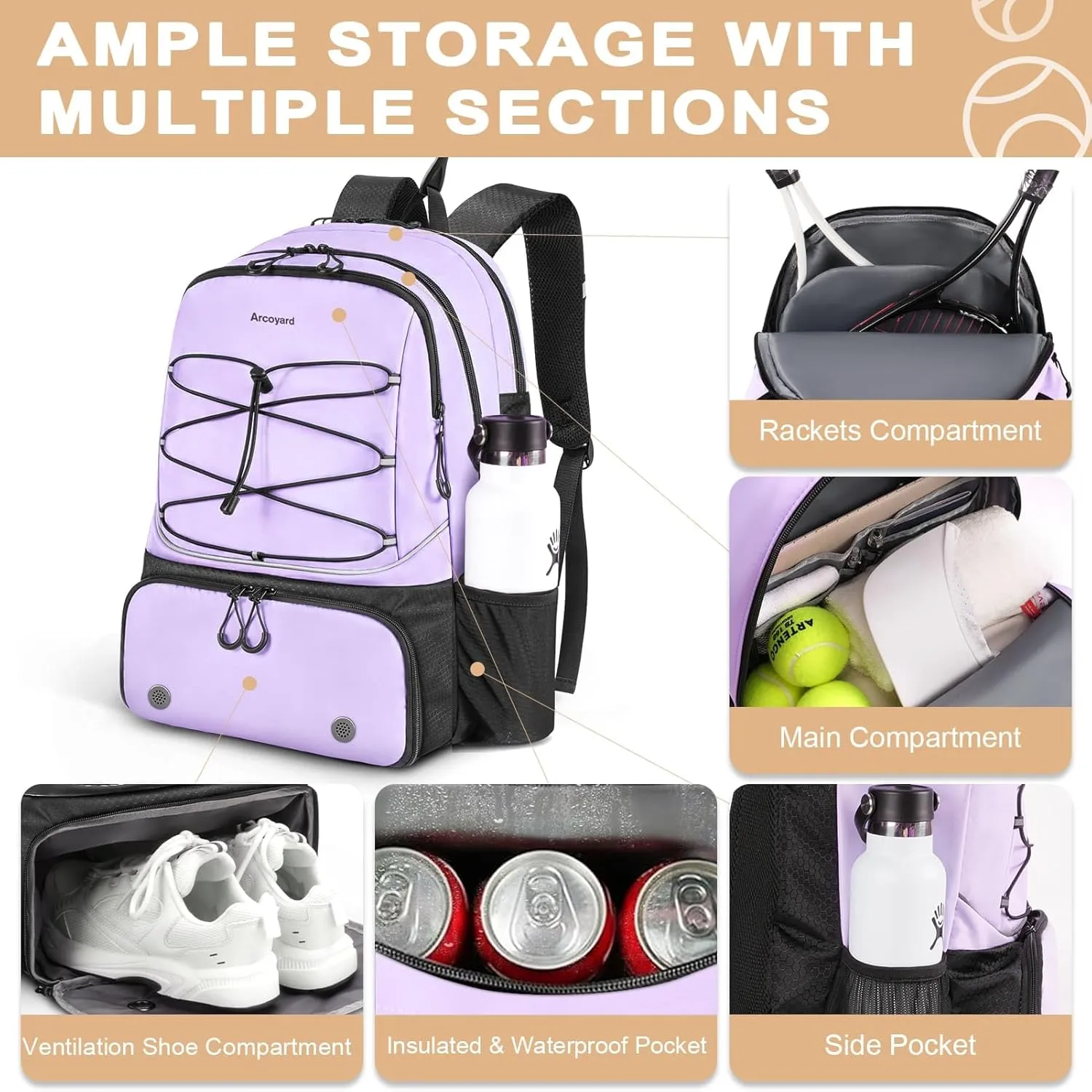 Tennis Bag Holds 2 Rackets, Professional Tennis Bags for Women, Tennis Backpack with Ventilated Shoe Compartment