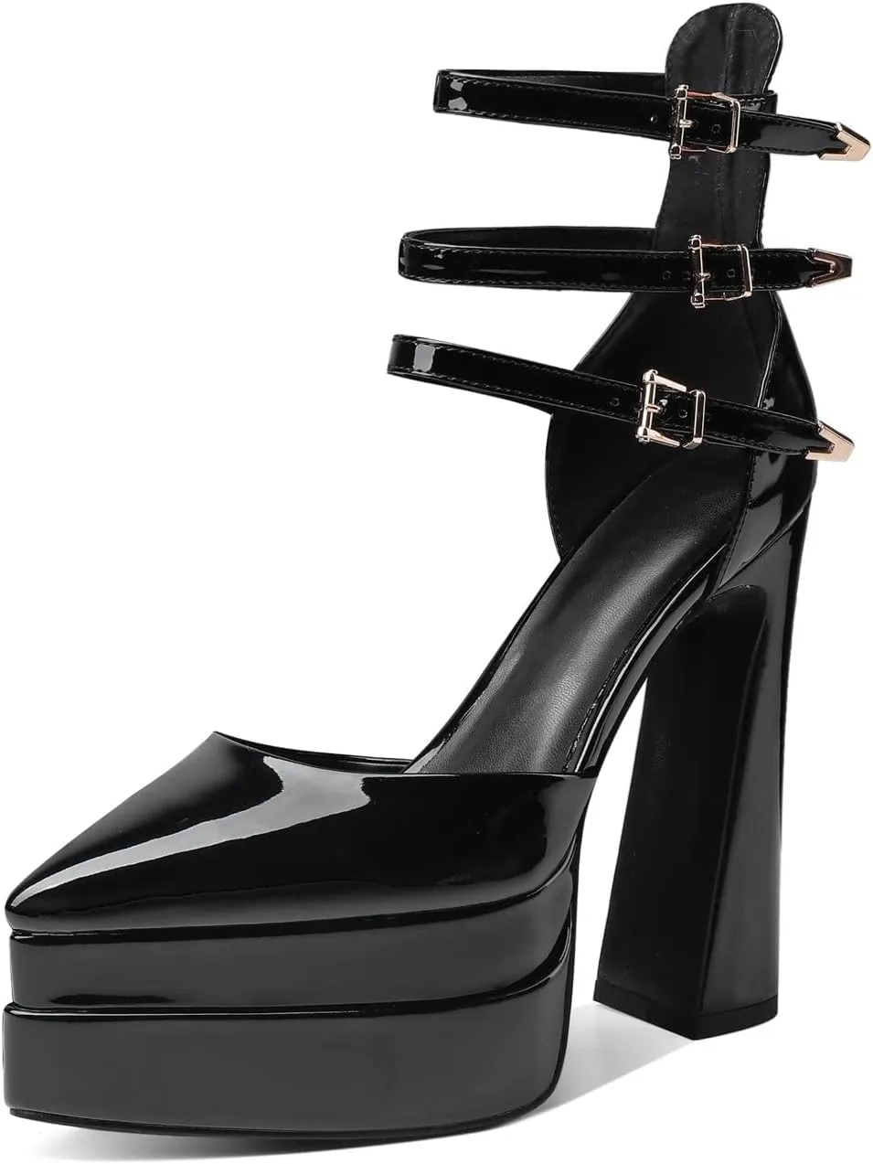 THESHY Womens Platform Chunky Heels Ankle Strap Chunky Block High Heel Pointed Toe Fashion Buckles Dress Pumps