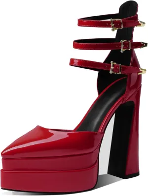 THESHY Womens Platform Chunky Heels Ankle Strap Chunky Block High Heel Pointed Toe Fashion Buckles Dress Pumps