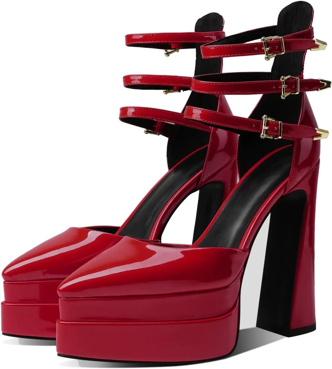 THESHY Womens Platform Chunky Heels Ankle Strap Chunky Block High Heel Pointed Toe Fashion Buckles Dress Pumps