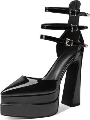 THESHY Womens Platform Chunky Heels Ankle Strap Chunky Block High Heel Pointed Toe Fashion Buckles Dress Pumps