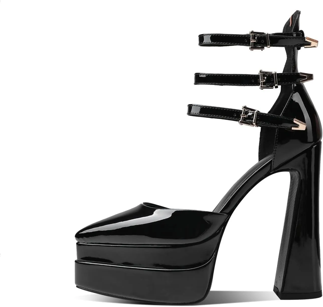 THESHY Womens Platform Chunky Heels Ankle Strap Chunky Block High Heel Pointed Toe Fashion Buckles Dress Pumps