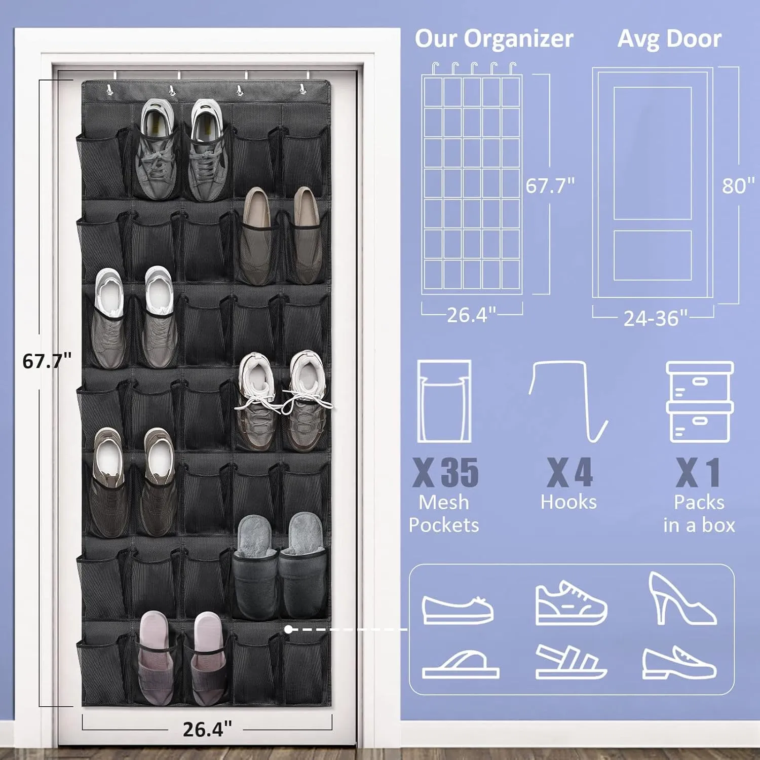 Tiblue Over The Door Shoe Organizers 35 Mesh Pockets Hanging Shoe Organizer Shoe Rack For Closet Entryway Bedroom Bathroom Pantry Shoe Holder, Men Sneakers, Women High Heeled Shoes, Flip Flops Black