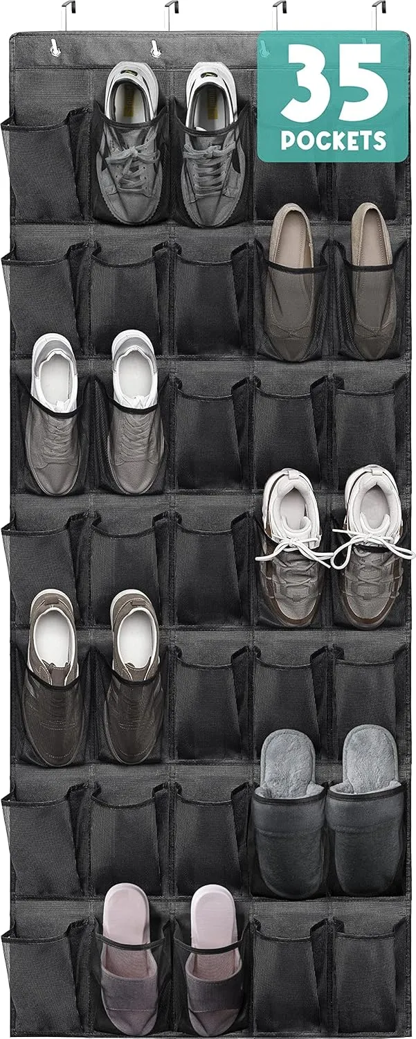Tiblue Over The Door Shoe Organizers 35 Mesh Pockets Hanging Shoe Organizer Shoe Rack For Closet Entryway Bedroom Bathroom Pantry Shoe Holder, Men Sneakers, Women High Heeled Shoes, Flip Flops Black