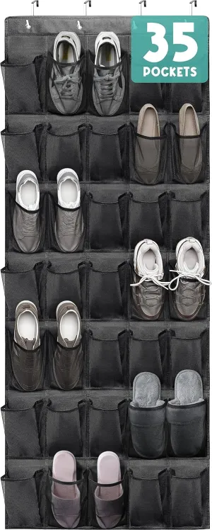 Tiblue Over The Door Shoe Organizers 35 Mesh Pockets Hanging Shoe Organizer Shoe Rack For Closet Entryway Bedroom Bathroom Pantry Shoe Holder, Men Sneakers, Women High Heeled Shoes, Flip Flops Black
