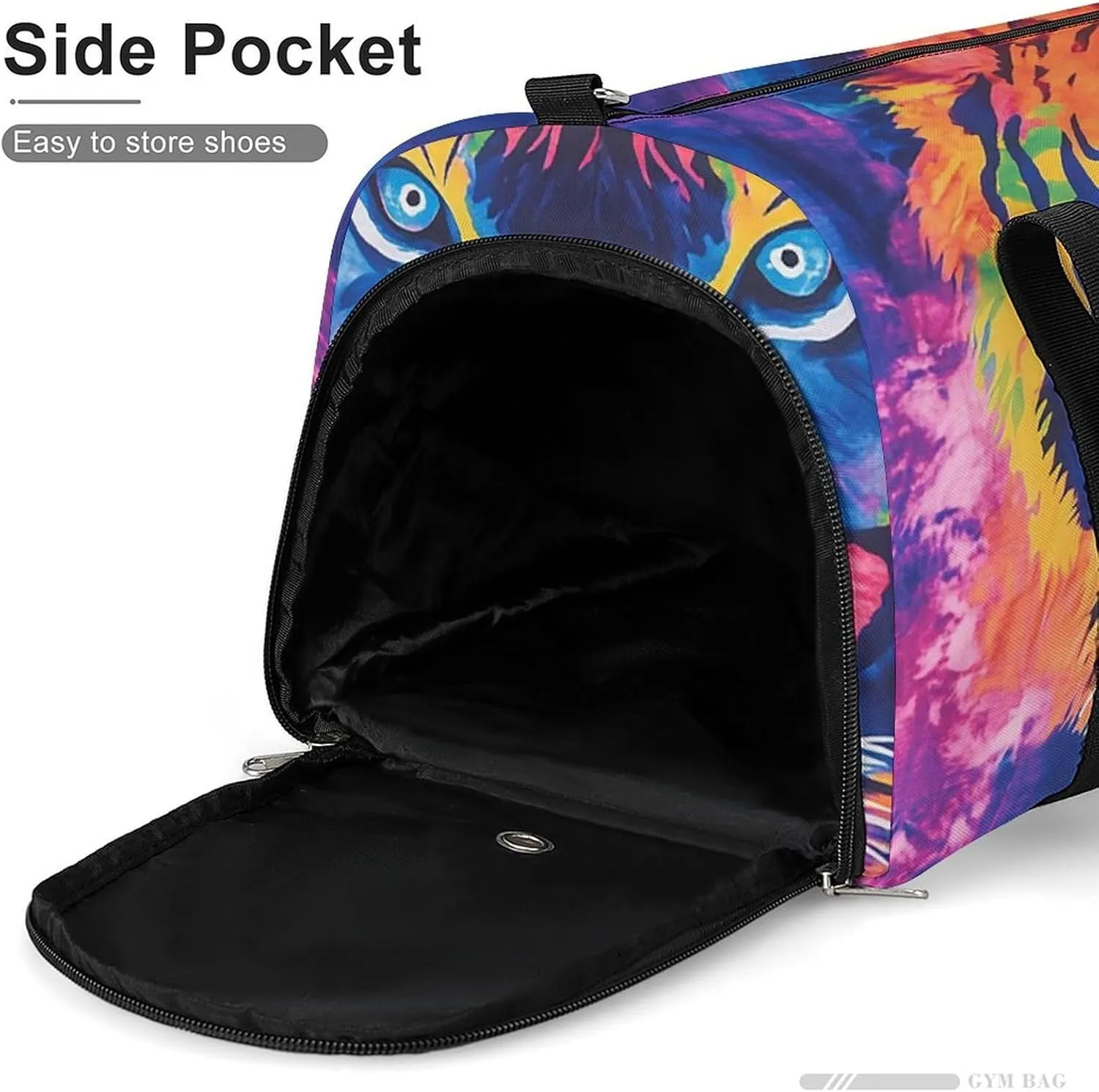 Tie Dye Pattern of Tiger Fitness Large Gym Bag for Unisex with Shoe Compartment & Wet Pocket