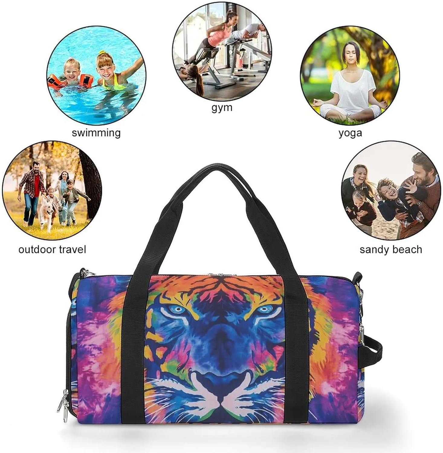 Tie Dye Pattern of Tiger Fitness Large Gym Bag for Unisex with Shoe Compartment & Wet Pocket