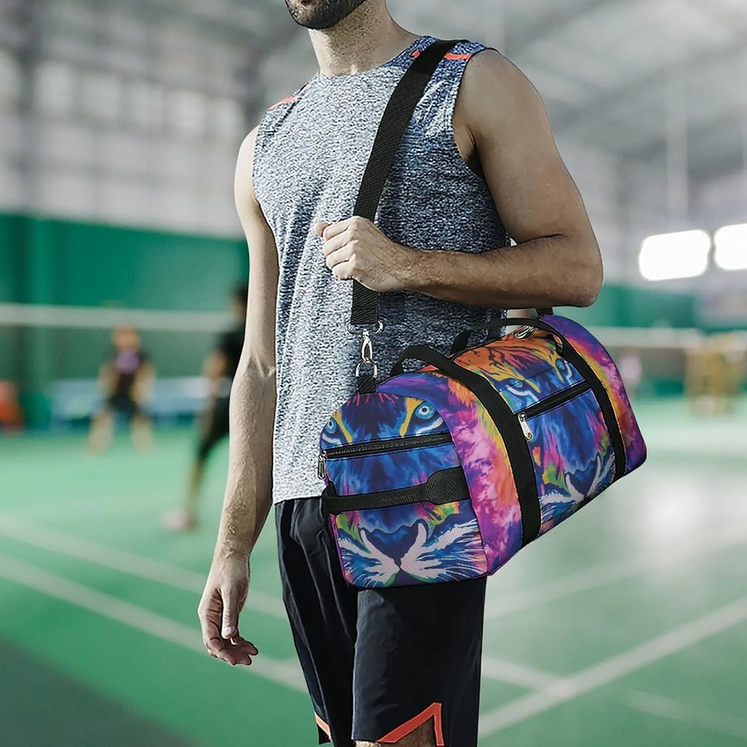 Tie Dye Pattern of Tiger Fitness Large Gym Bag for Unisex with Shoe Compartment & Wet Pocket