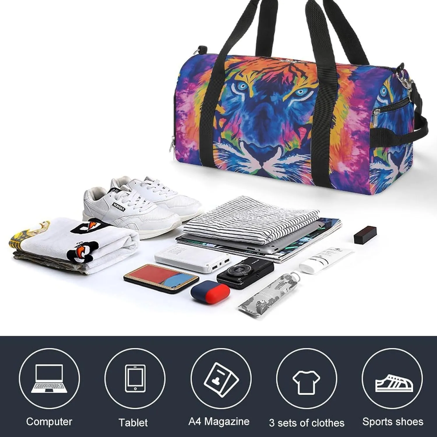 Tie Dye Pattern of Tiger Fitness Large Gym Bag for Unisex with Shoe Compartment & Wet Pocket