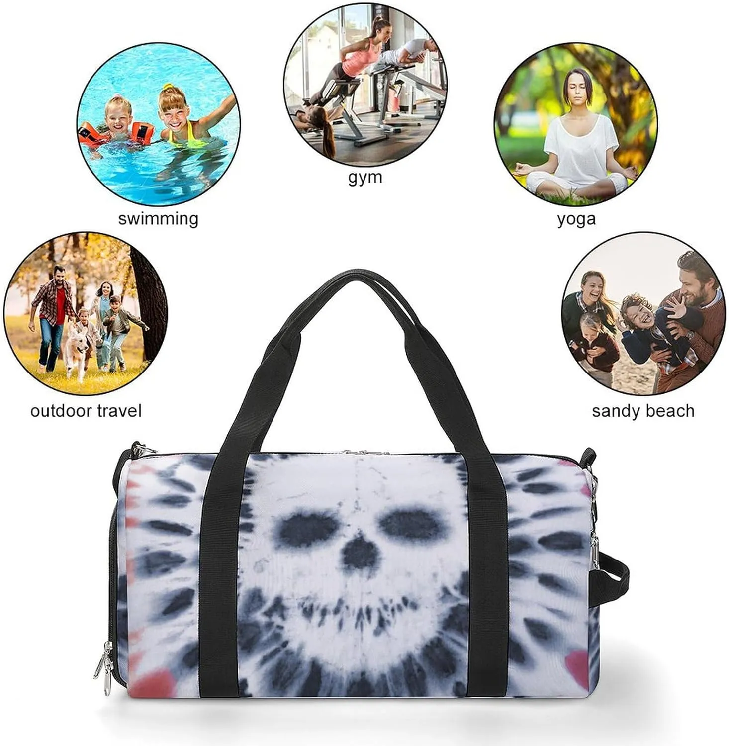 Tie Dye with Skulls Fitness Large Gym Bag for Unisex with Shoe Compartment & Wet Pocket