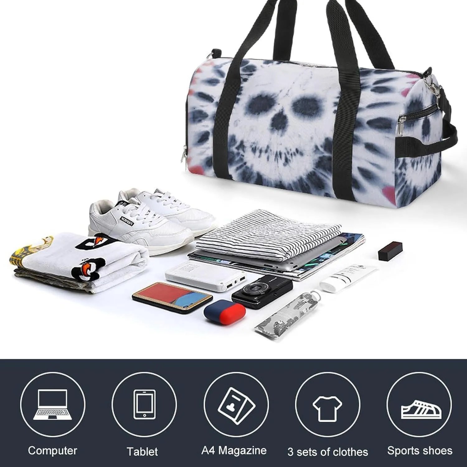Tie Dye with Skulls Fitness Large Gym Bag for Unisex with Shoe Compartment & Wet Pocket