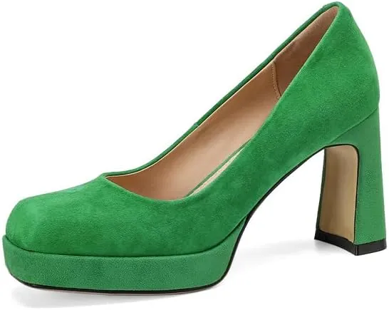 TinaCus Suede Leather Square Toe Handmade Platform High Chunky Heels Stylish Women's Pumps Shoes