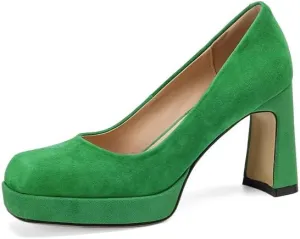 TinaCus Suede Leather Square Toe Handmade Platform High Chunky Heels Stylish Women's Pumps Shoes