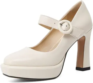 TinaCus Women's Genuine Leather Square Toe Handmade Platform Buckle Belt High Chunky Heels Stylish Pumps Shoes
