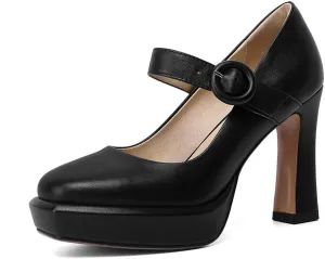 TinaCus Women's Genuine Leather Square Toe Handmade Platform Buckle Belt High Chunky Heels Stylish Pumps Shoes