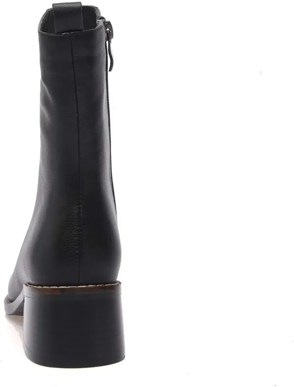 TinaCus Women's Genuine Leather Square Toe Side Zip Up Handmade Low Chunky Heel Chic Mid-Calf Boots
