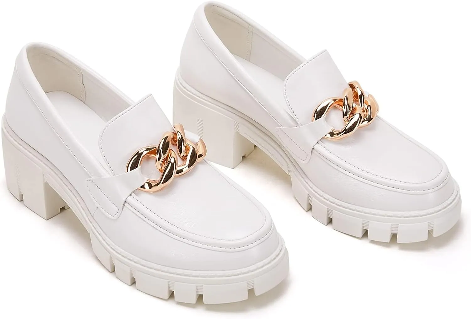 TINSTREE Platform Loafers for Women with Chain Comfort Chunky Heel Slip On Round Toe Business Work Shoes