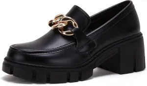 TINSTREE Platform Loafers for Women with Chain Comfort Chunky Heel Slip On Round Toe Business Work Shoes