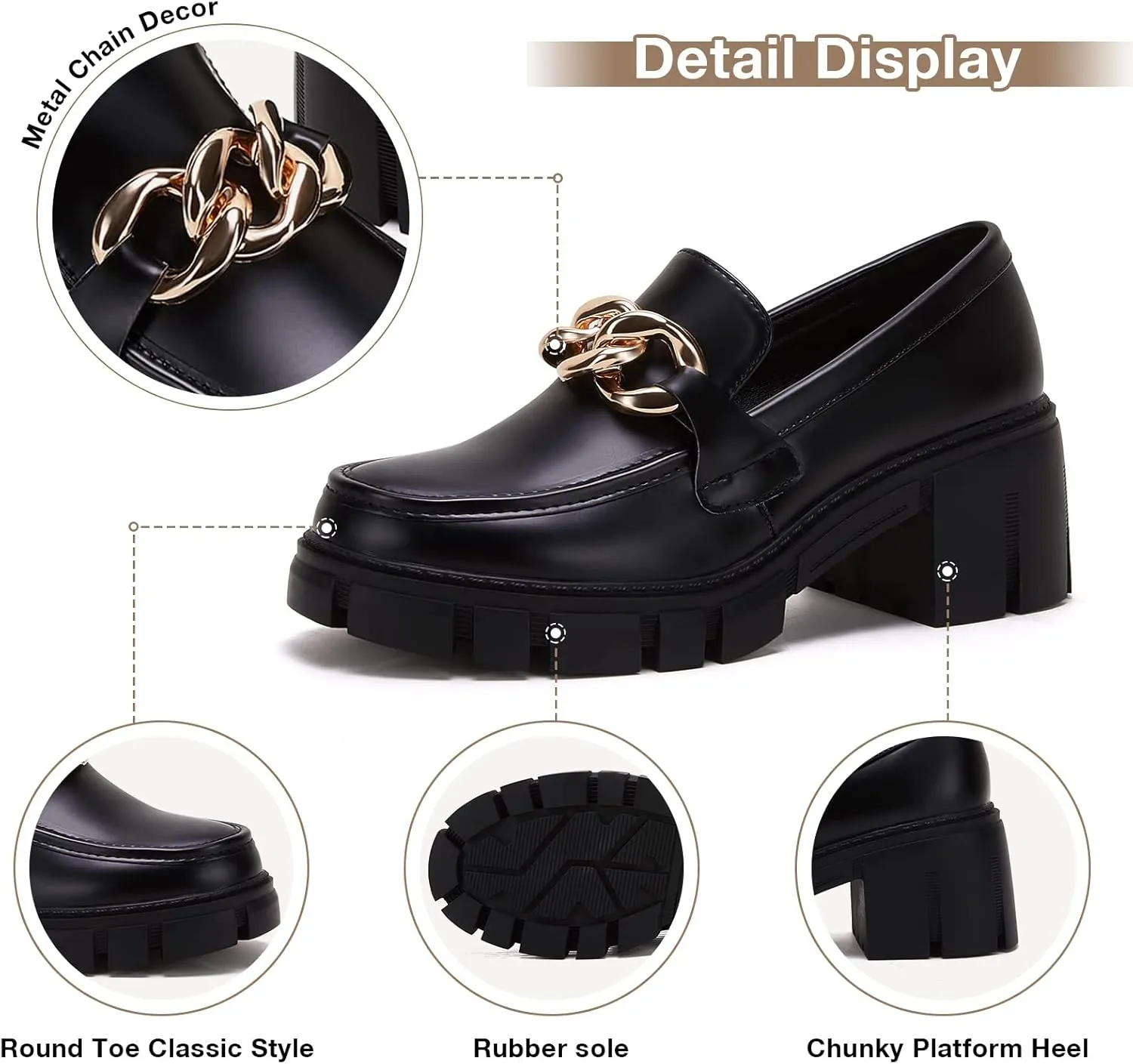 TINSTREE Platform Loafers for Women with Chain Comfort Chunky Heel Slip On Round Toe Business Work Shoes