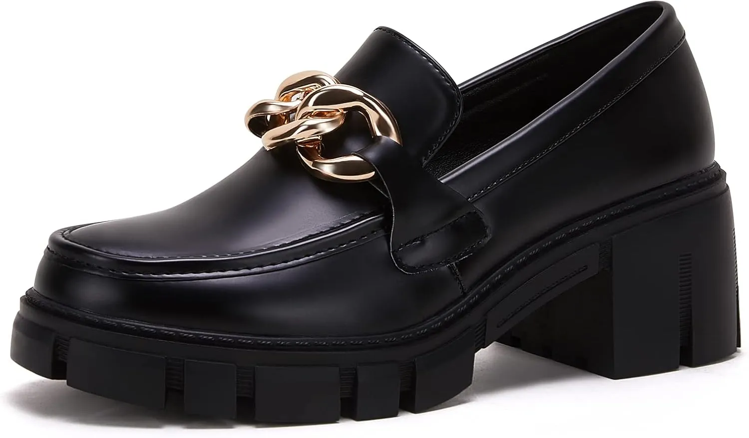 TINSTREE Platform Loafers for Women with Chain Comfort Chunky Heel Slip On Round Toe Business Work Shoes