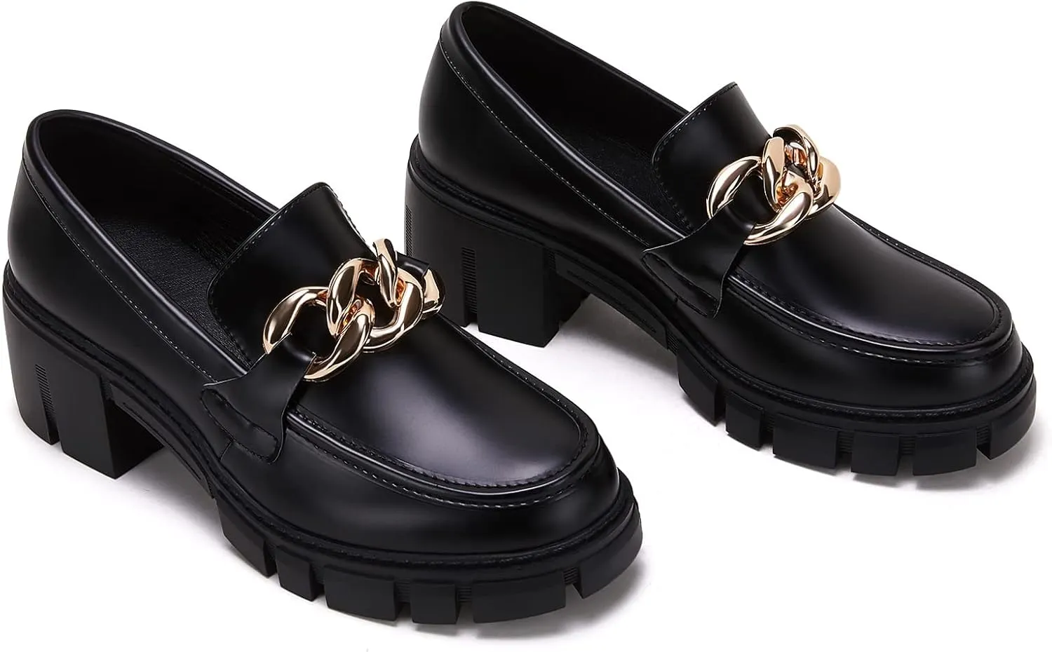 TINSTREE Platform Loafers for Women with Chain Comfort Chunky Heel Slip On Round Toe Business Work Shoes