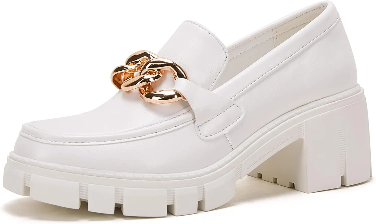 TINSTREE Platform Loafers for Women with Chain Comfort Chunky Heel Slip On Round Toe Business Work Shoes