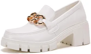 TINSTREE Platform Loafers for Women with Chain Comfort Chunky Heel Slip On Round Toe Business Work Shoes