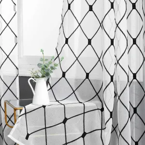 Top Finel White Sheer Curtains 84 Inches Long Black Embroidered Diamond Grommet Window Curtains for Living Room Bedroom, 2 Panels