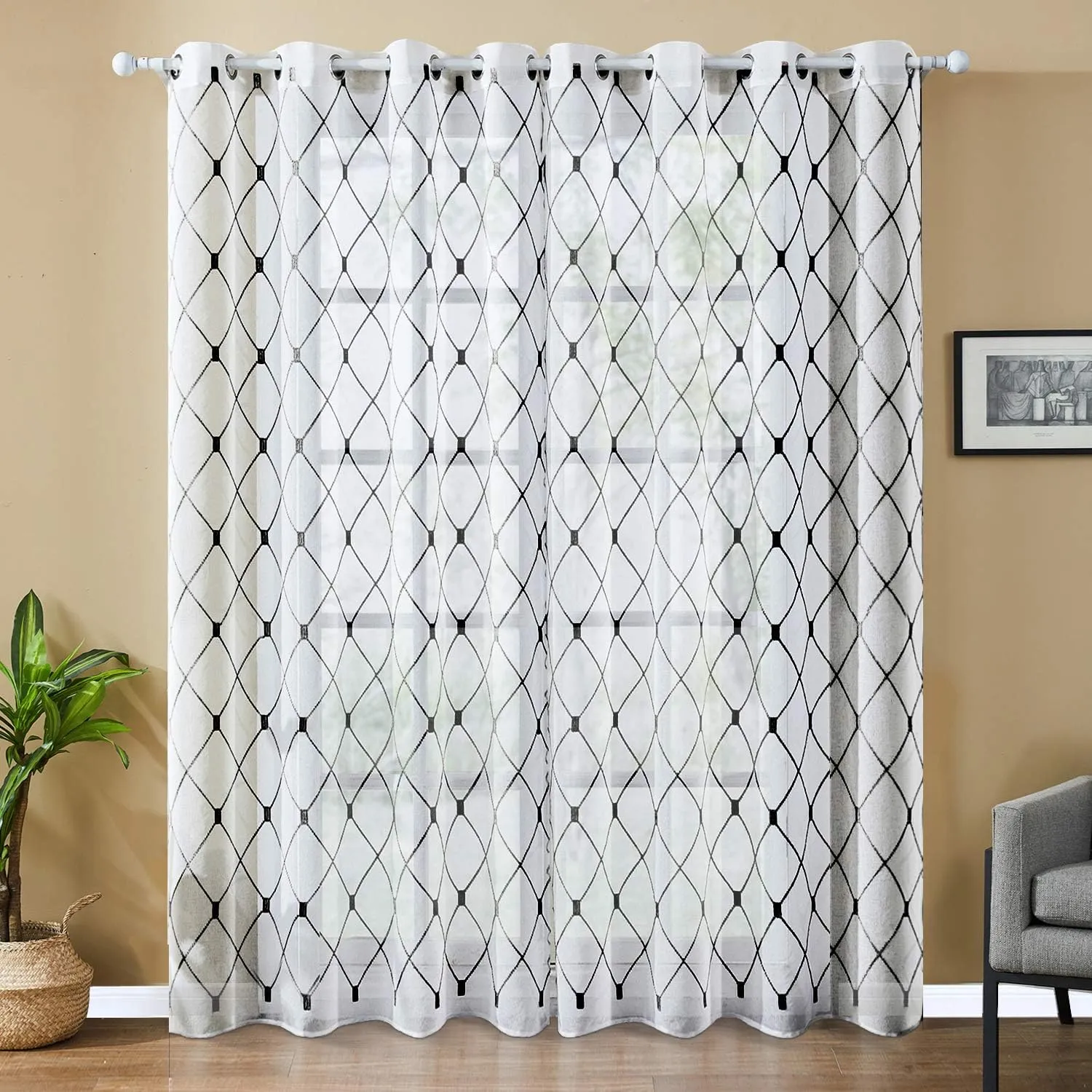 Top Finel White Sheer Curtains 84 Inches Long Black Embroidered Diamond Grommet Window Curtains for Living Room Bedroom, 2 Panels