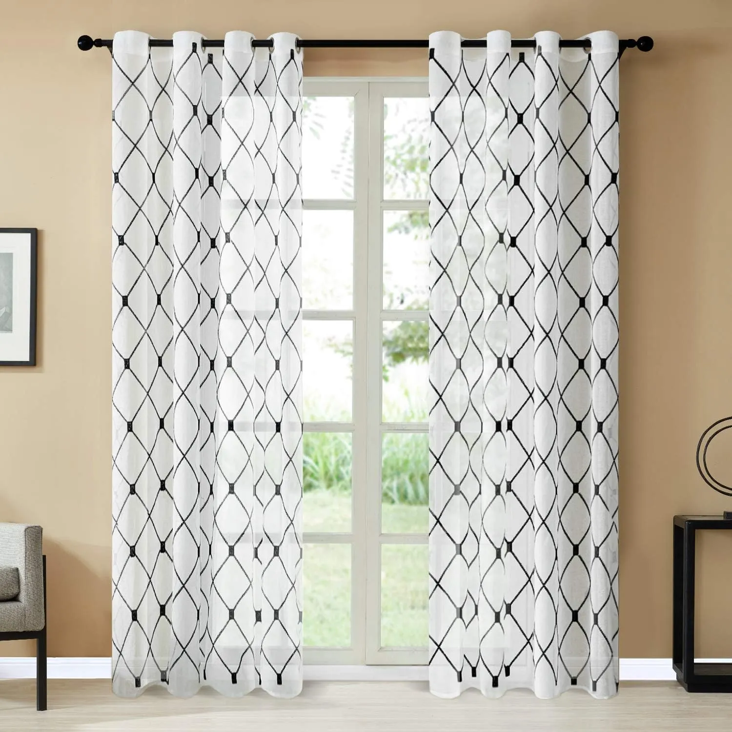 Top Finel White Sheer Curtains 84 Inches Long Black Embroidered Diamond Grommet Window Curtains for Living Room Bedroom, 2 Panels