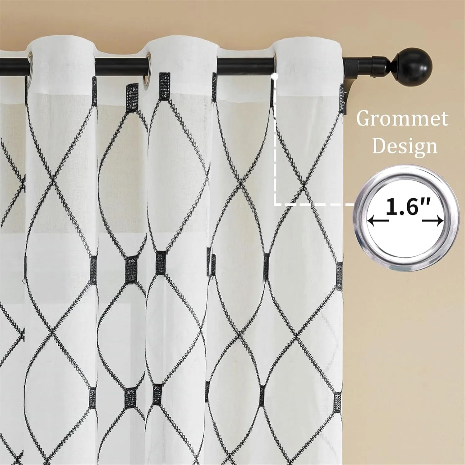Top Finel White Sheer Curtains 84 Inches Long Black Embroidered Diamond Grommet Window Curtains for Living Room Bedroom, 2 Panels