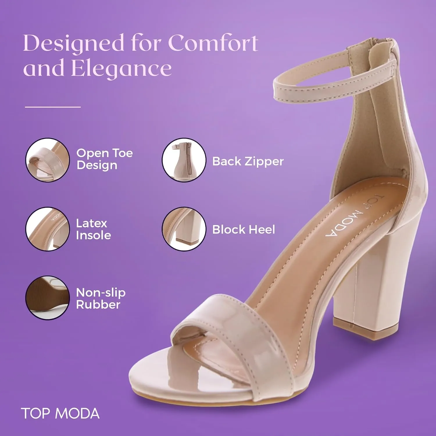 TOP MODA Hannah-1 Ankle Strap Dressy High Heel Sandal, Non-slip Sole, For Wedding, Party, Prom, Evening Wear, or Any Occasion, Sleek Style Block Heel Sandals