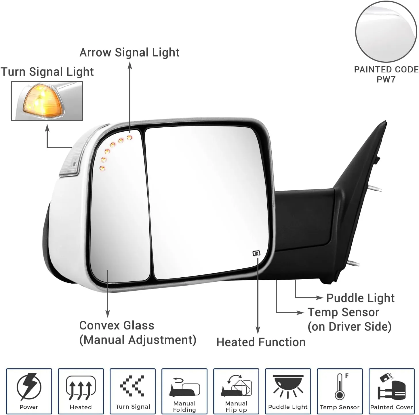 Towing Mirror for Dodge Ram - Compatible With 2009-2018 Dodge Ram 1500 2500 3500 Pickup Truck Power Adjusted Heated LED Turn Signal Light Puddle Lamp Temp Sensor (Painted White PW7)
