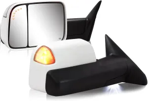 Towing Mirror for Dodge Ram - Compatible With 2009-2018 Dodge Ram 1500 2500 3500 Pickup Truck Power Adjusted Heated LED Turn Signal Light Puddle Lamp Temp Sensor (Painted White PW7)
