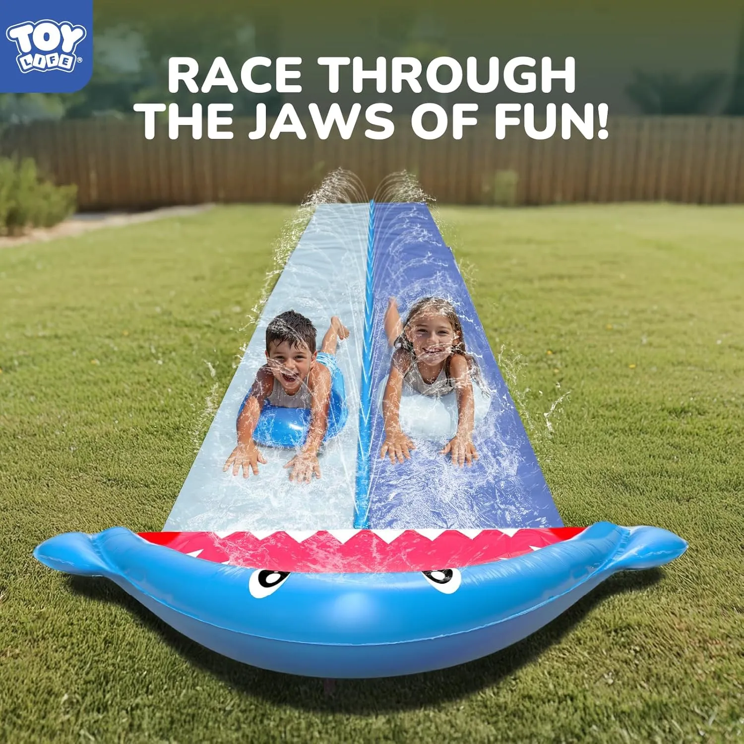 TOY Life Giant Shark Water Slides for Kids 20Ft Waterslide Backyards Lawn with 2 Bodyboards, 2 Lane Slip Splash and Slide Summer Toys with Built-in Sprinkler for Backyard Outdoor Shark Water Toys Fun