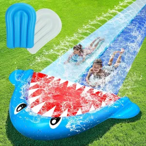 TOY Life Giant Shark Water Slides for Kids 20Ft Waterslide Backyards Lawn with 2 Bodyboards, 2 Lane Slip Splash and Slide Summer Toys with Built-in Sprinkler for Backyard Outdoor Shark Water Toys Fun