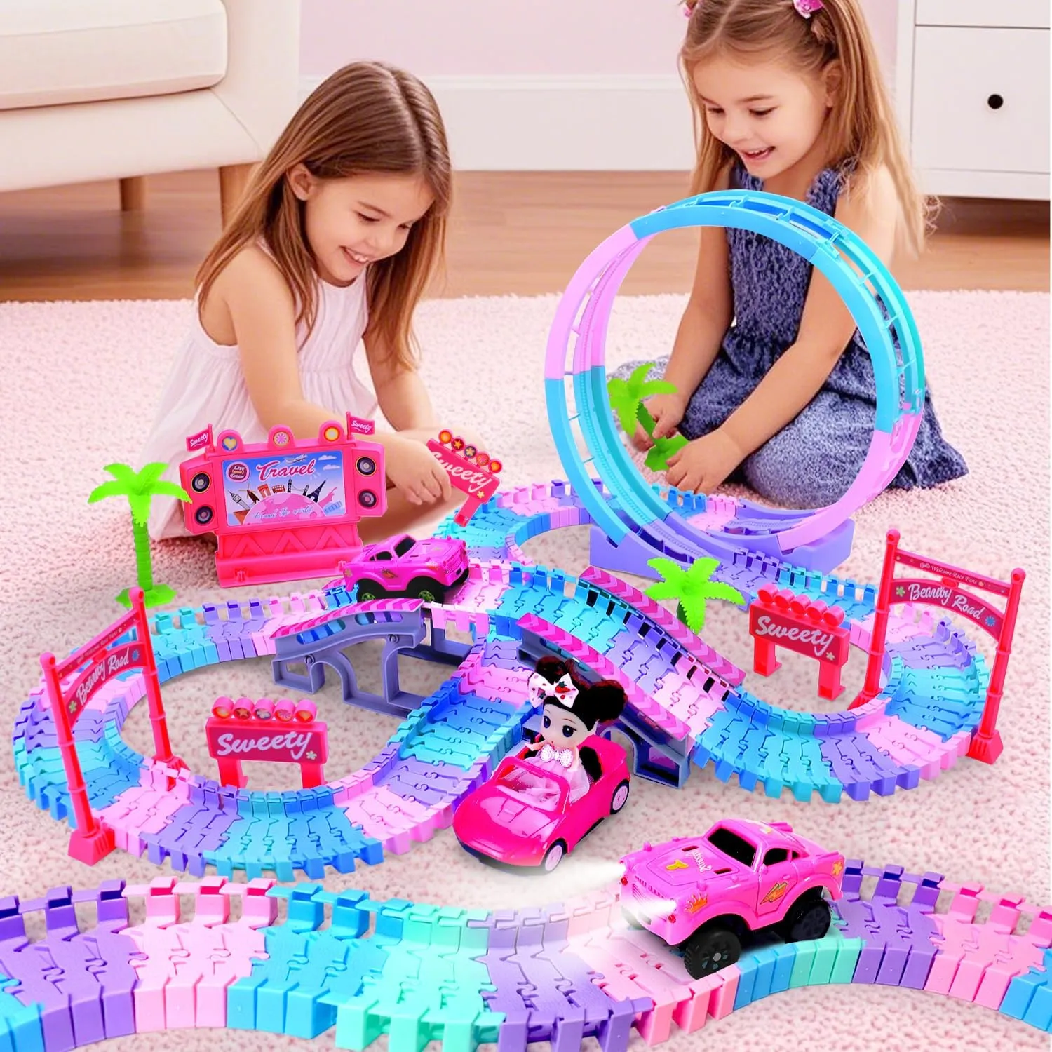 Tracks Car Toys for 3 4 5 6 Year Old Girls Kids,177 PCS 360°Rotating Track Flexible Car for Girls 3-5 Toddler Flex Track Race Cars Toys Birthday Gifts