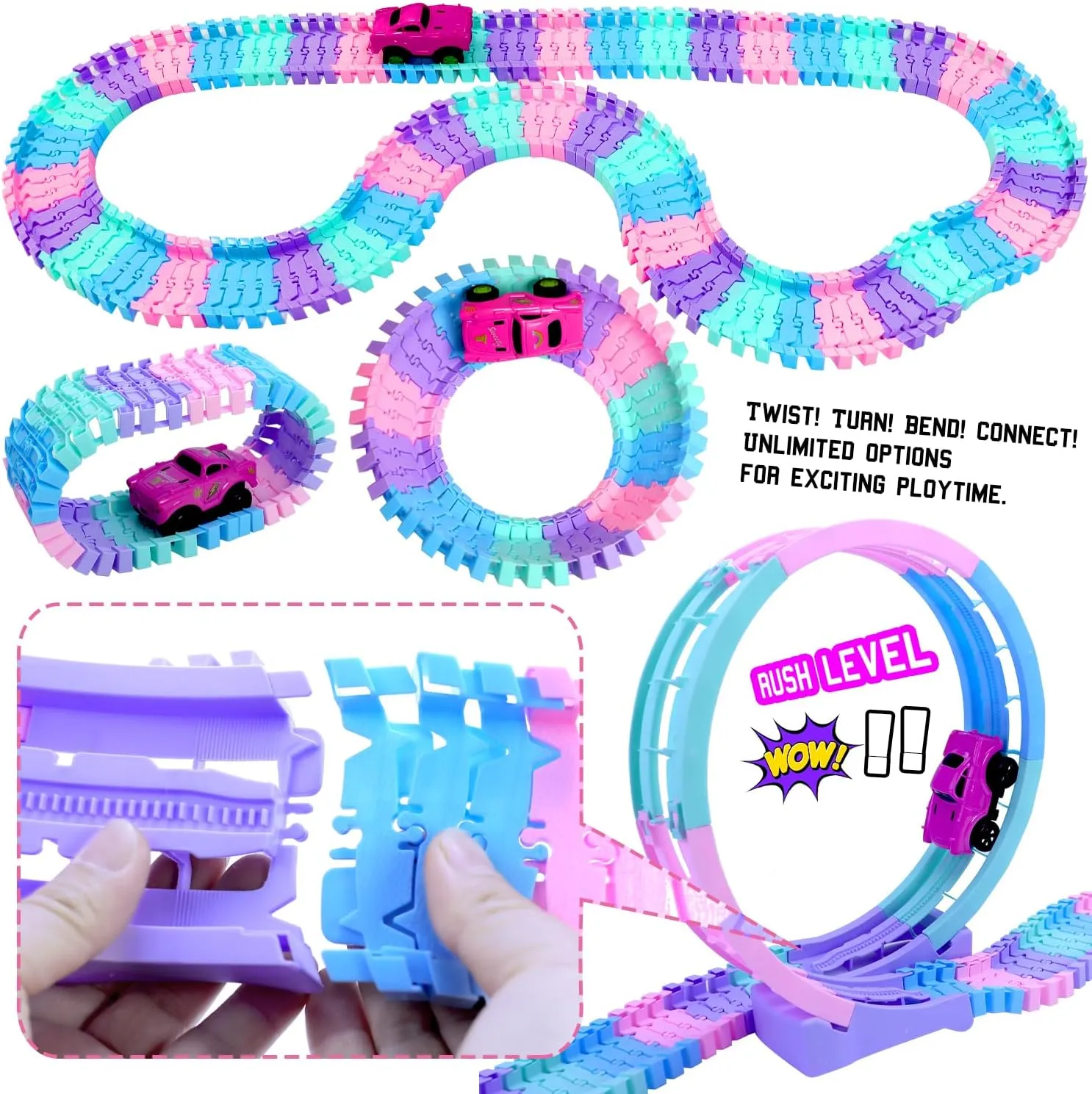 Tracks Car Toys for 3 4 5 6 Year Old Girls Kids,177 PCS 360°Rotating Track Flexible Car for Girls 3-5 Toddler Flex Track Race Cars Toys Birthday Gifts