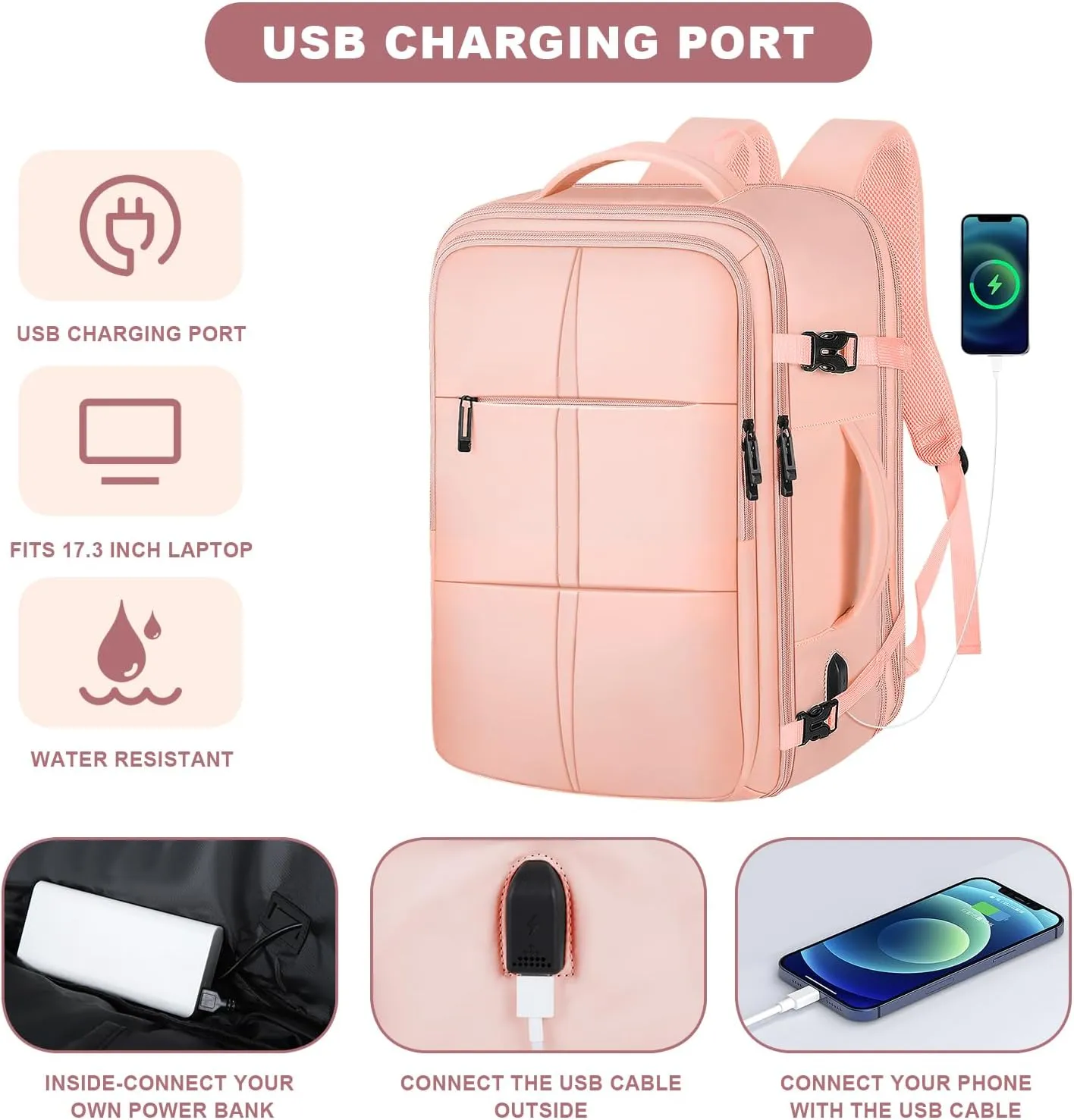 Travel Backpack, 55L Carry On Backpack for Men Women Flight Approved, Expandable Large Luggage Bag Daypack Water Resistant Overnight Business Weekender Bag, Fits 18.4 Inch Laptops, Pink