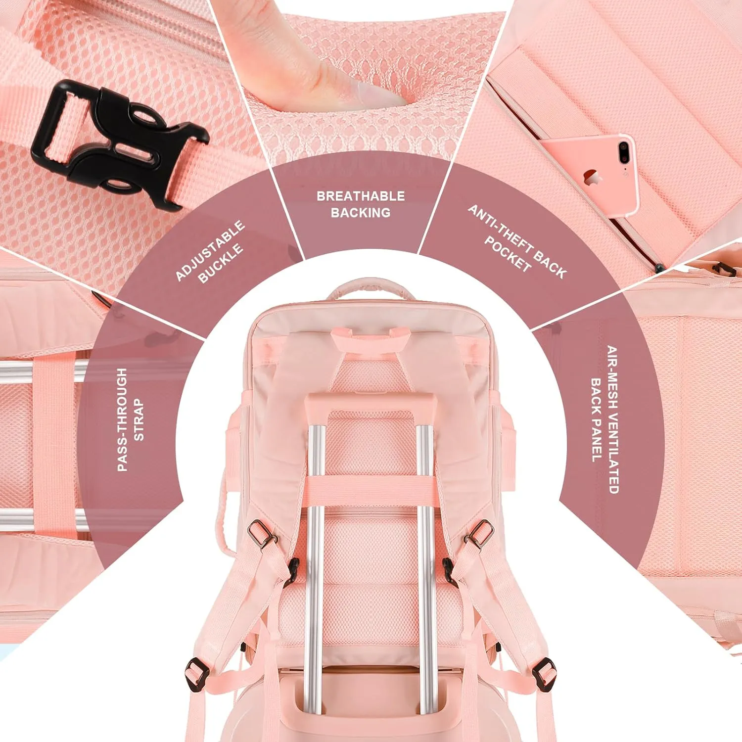 Travel Backpack, 55L Carry On Backpack for Men Women Flight Approved, Expandable Large Luggage Bag Daypack Water Resistant Overnight Business Weekender Bag, Fits 18.4 Inch Laptops, Pink