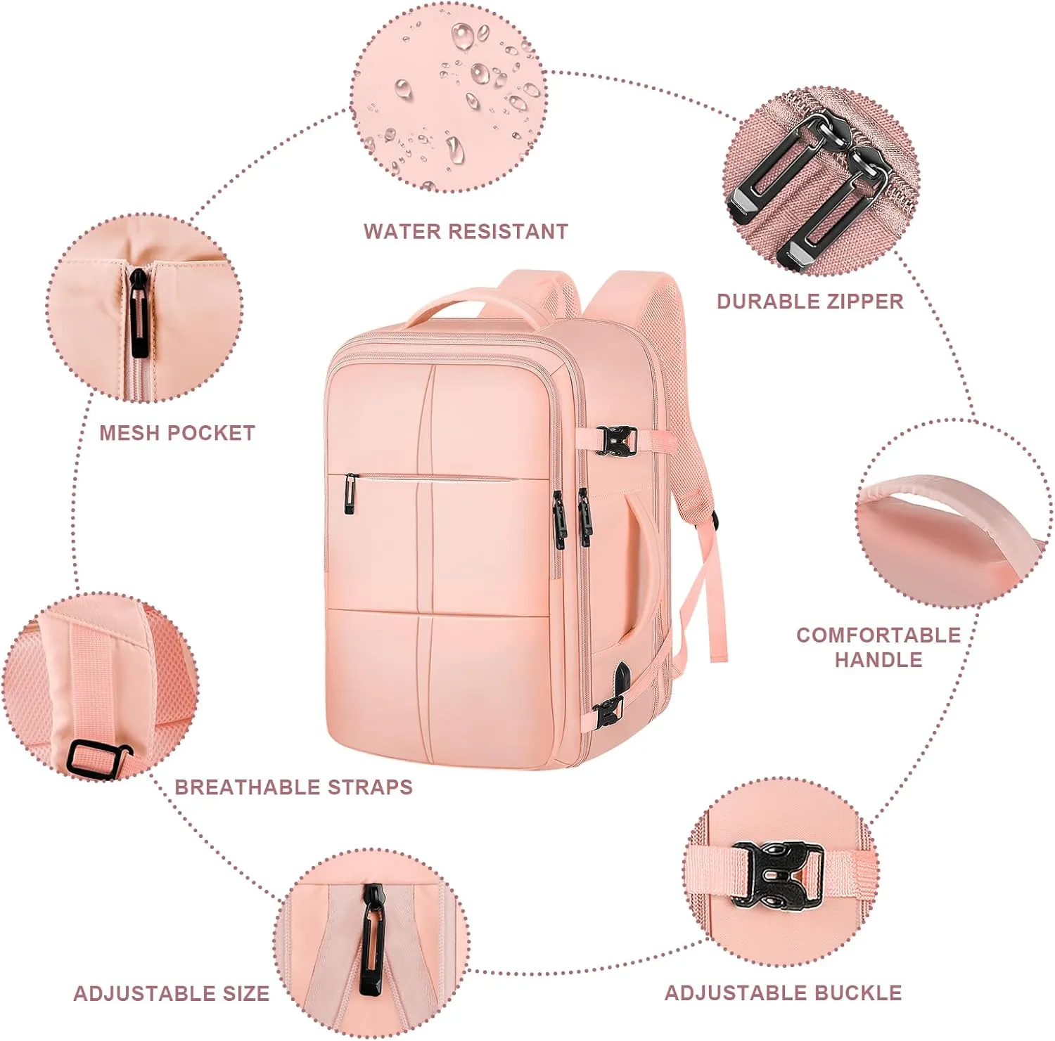 Travel Backpack, 55L Carry On Backpack for Men Women Flight Approved, Expandable Large Luggage Bag Daypack Water Resistant Overnight Business Weekender Bag, Fits 18.4 Inch Laptops, Pink