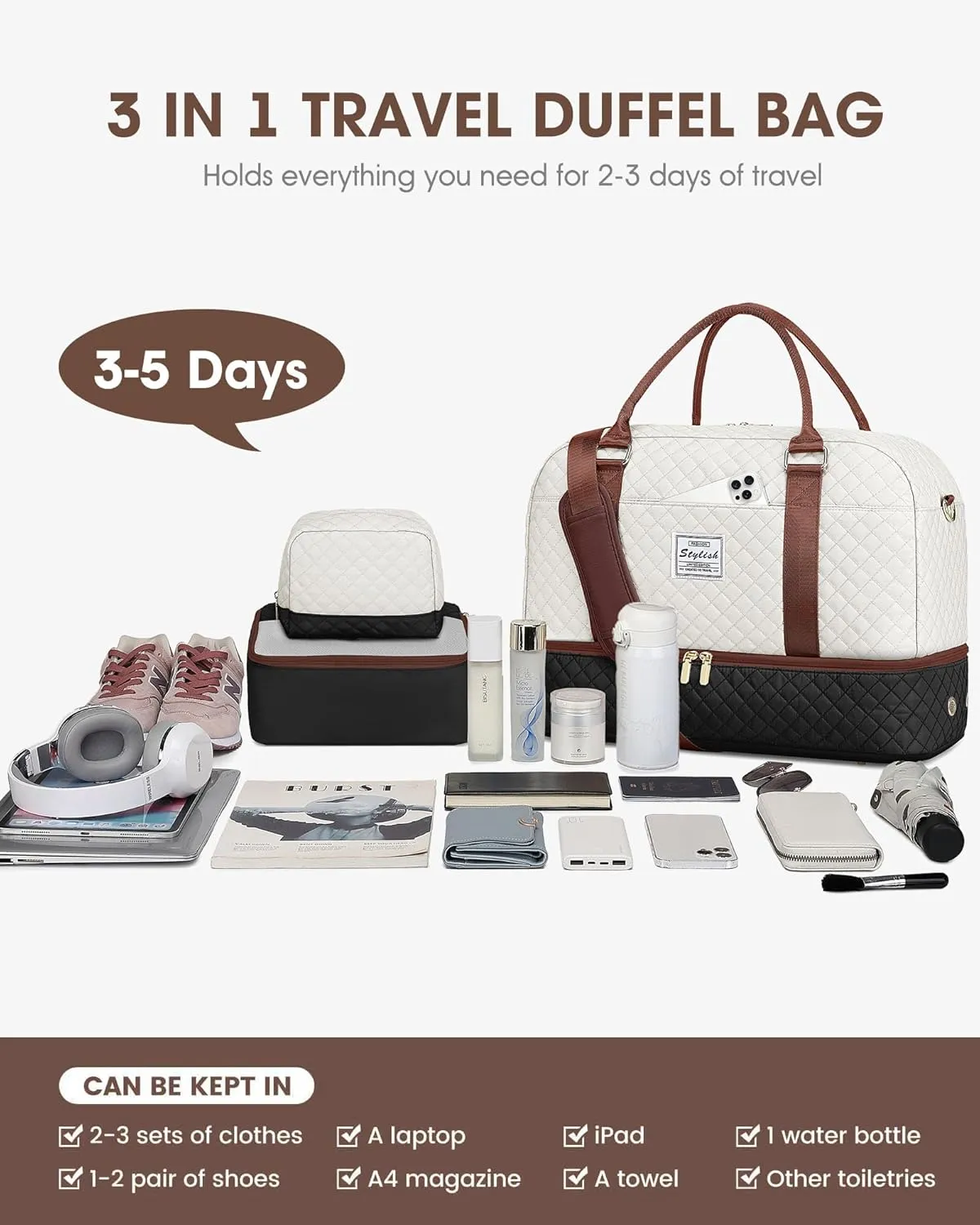 Travel Duffle Bags for Women - Overnight Weekender Bags With Toiletry Bag Carry On Duffel Bags with Shoe Compartment Hospital Bag with Wet Pocket for Labor Delivery Gym Bag Wet Pocket Black Brown