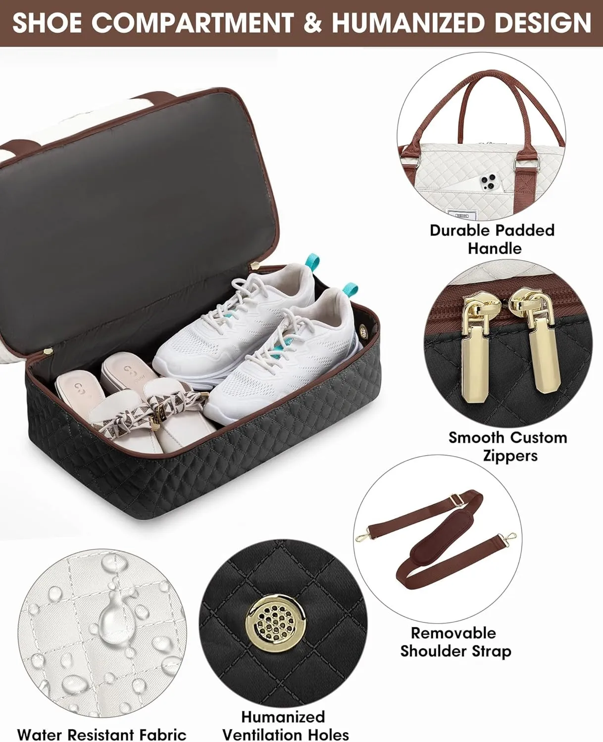 Travel Duffle Bags for Women - Overnight Weekender Bags With Toiletry Bag Carry On Duffel Bags with Shoe Compartment Hospital Bag with Wet Pocket for Labor Delivery Gym Bag Wet Pocket Black Brown