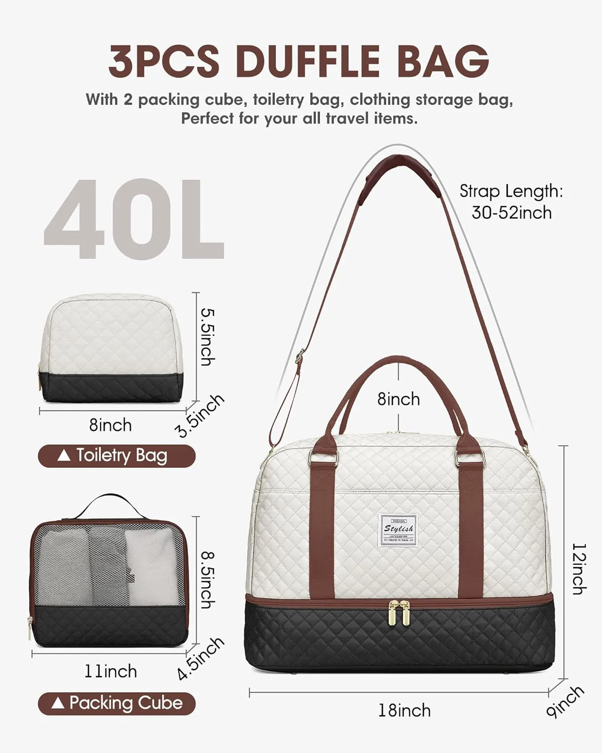 Travel Duffle Bags for Women - Overnight Weekender Bags With Toiletry Bag Carry On Duffel Bags with Shoe Compartment Hospital Bag with Wet Pocket for Labor Delivery Gym Bag Wet Pocket Black Brown