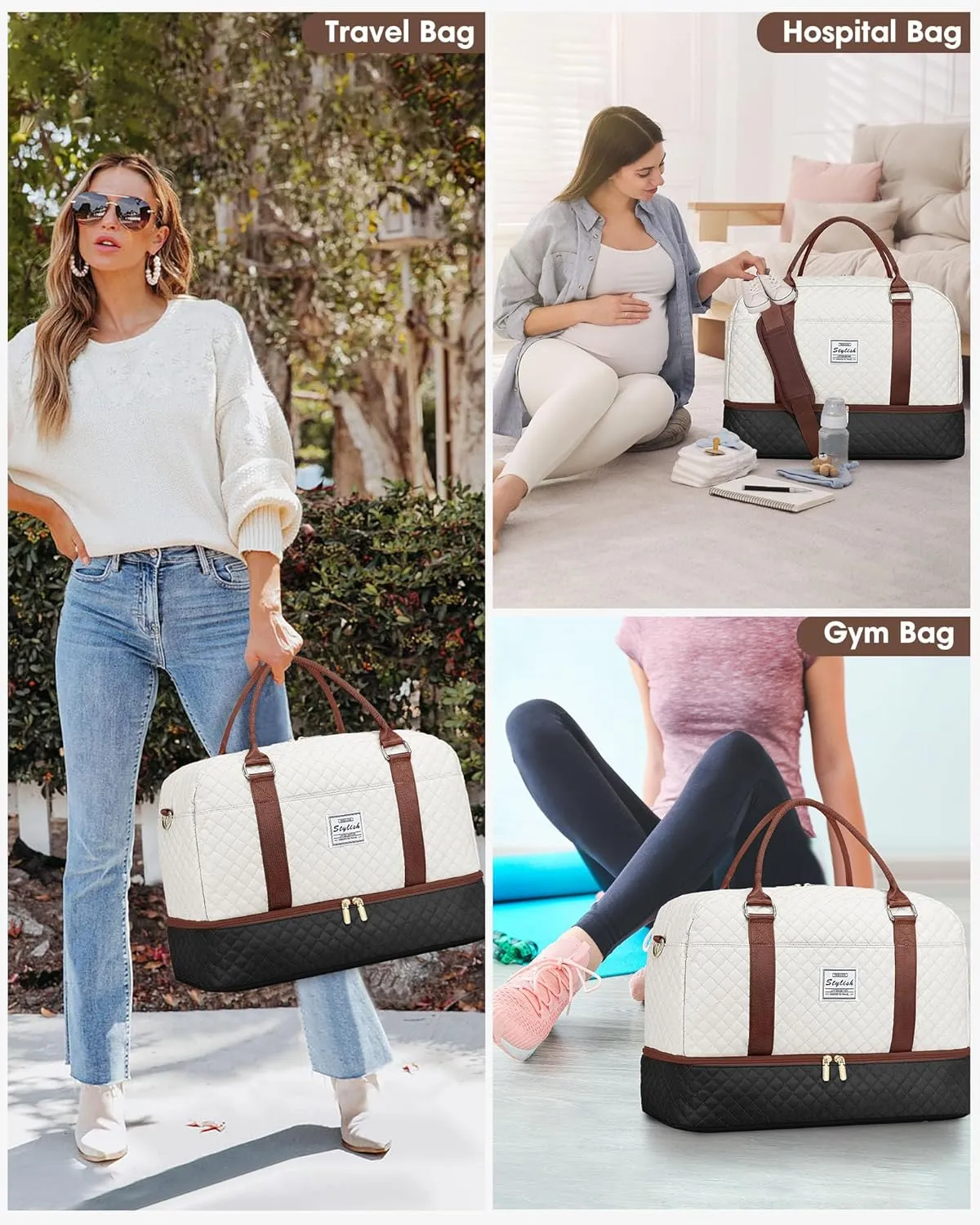 Travel Duffle Bags for Women - Overnight Weekender Bags With Toiletry Bag Carry On Duffel Bags with Shoe Compartment Hospital Bag with Wet Pocket for Labor Delivery Gym Bag Wet Pocket Black Brown