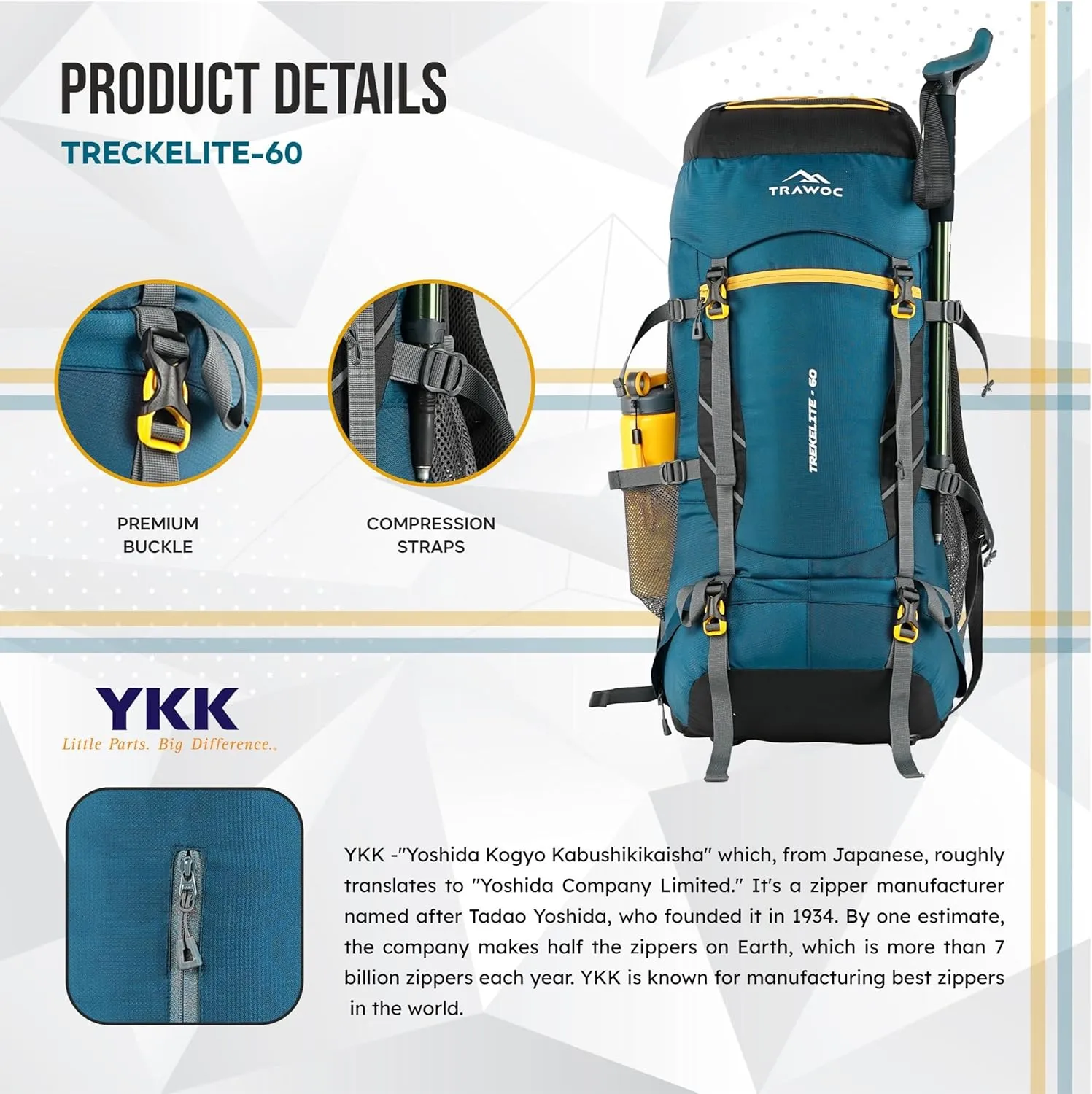 TREKELITE 60L Travel Backpack Hiking Trekking Bag Camping Rucksack for Men & Women with Shoe Compartment-English Blue