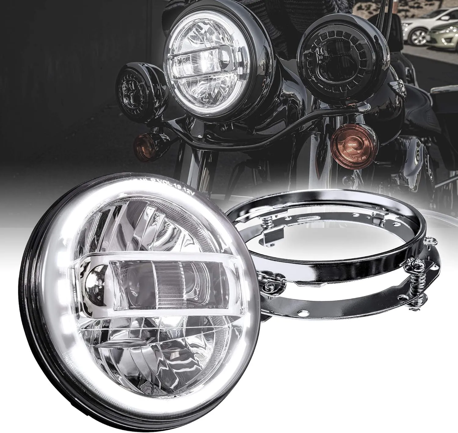TRUE MODS 7" LED Headlight for Harley Davidson   Mounting Bracket [DOT Approved] [Chrome-Finish] [HALO DRL] [H4 Adapters] For Touring Dyna Electra Glide Road King Softail Fatboy Road Glide