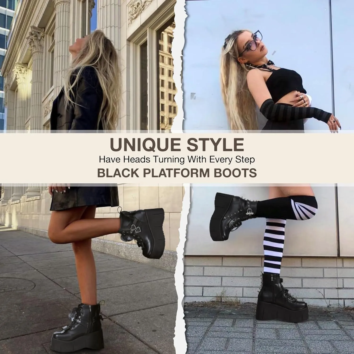 Tscoyuki Studs Platform Boots for Women Goth Rave Boots Round Toe Chunky Wedge Heel Combat Ankle Boot w/Side Zip Buckle Booties for Concert