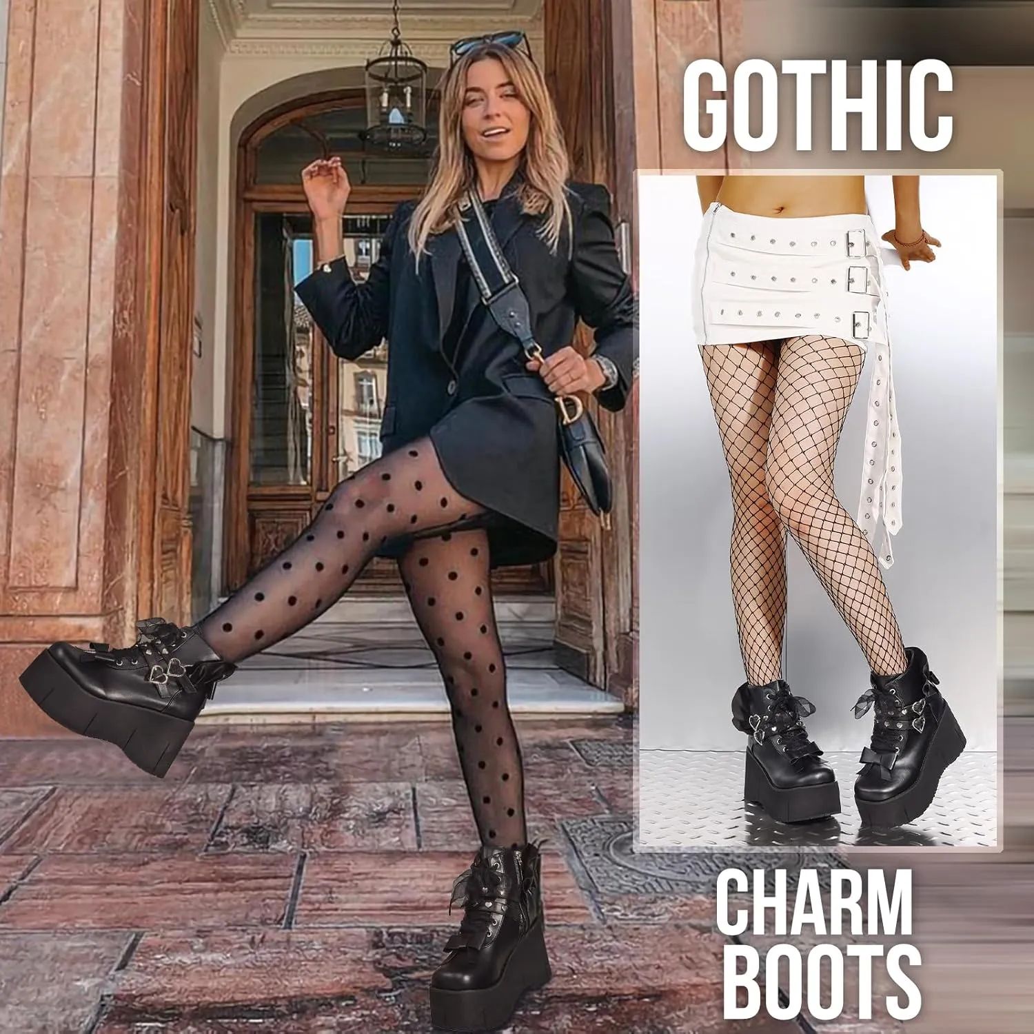 Tscoyuki Studs Platform Boots for Women Goth Rave Boots Round Toe Chunky Wedge Heel Combat Ankle Boot w/Side Zip Buckle Booties for Concert